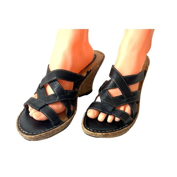 Born Womens Sz 10M Wedge Cork Heel Sandals Leather Black Casual Slip On Open Toe - Picture 1 of 12